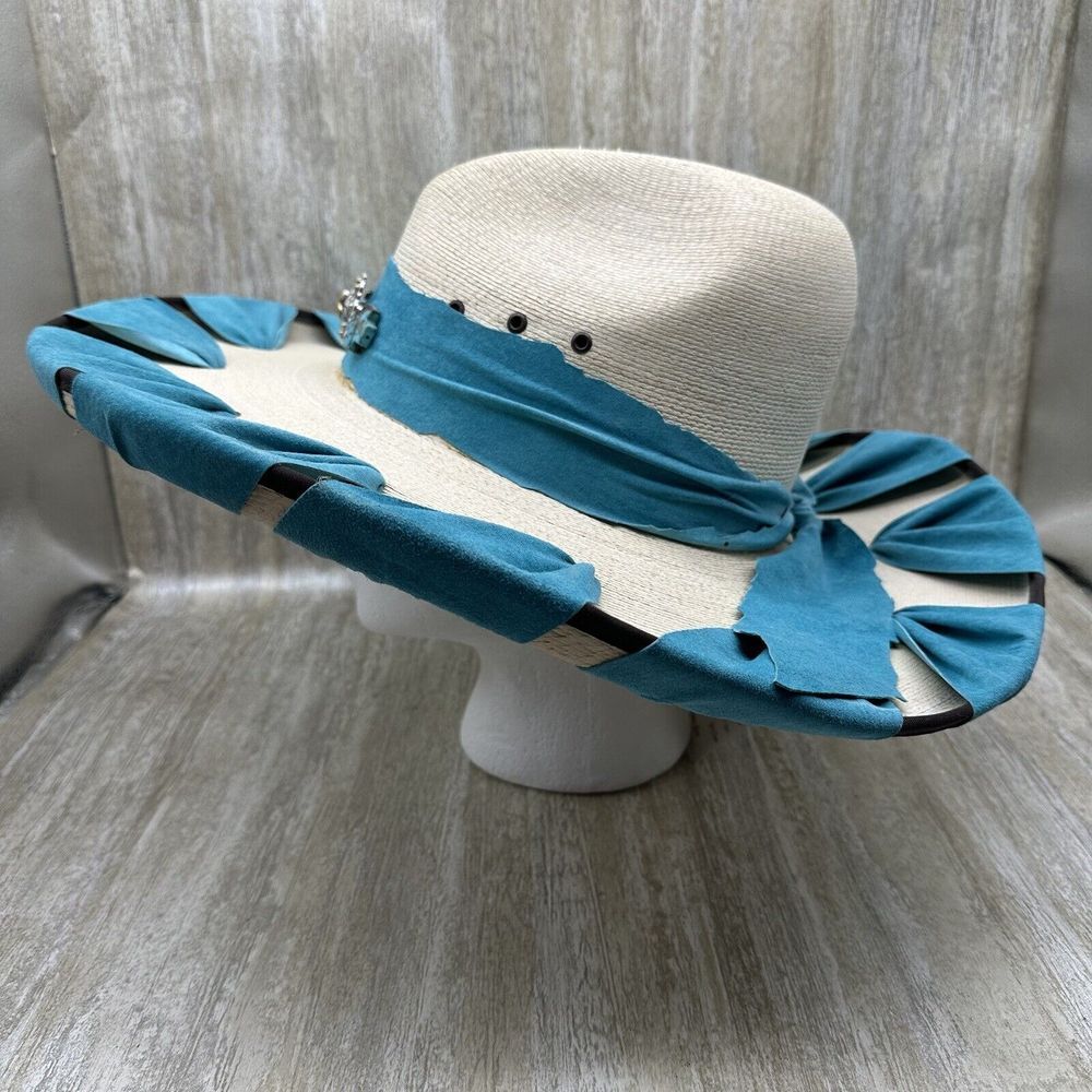 Pat Dahnke Western Gus Hat Womens Size 7.25 Straw Suede Turquoise Western $425‎